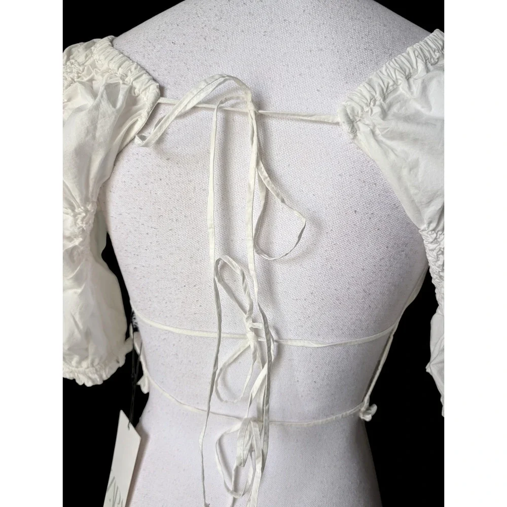 Zara White Smocked Puff Sleeve Open Back Top New Size L Coquette Y2K Milkmaid